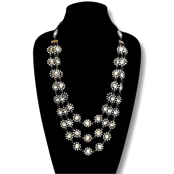 Boutique Designer Crystal Flower 3-Layered Brass Statement Necklace- GORGEOUS!! - Picture 7 of 7